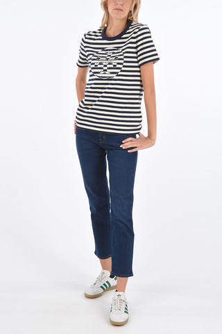 Crew Neck Logo Patch Striped T-Shirt