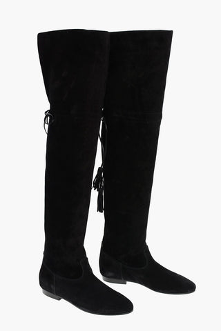 Over the Knee Suede Boots with Laces and Tassels Detail 