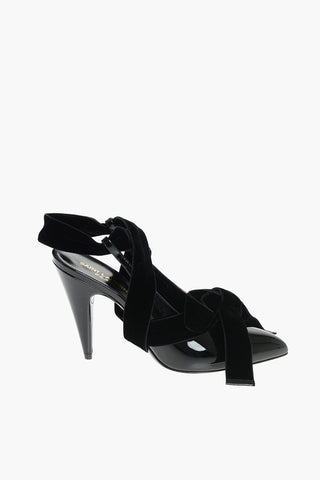 V Neck Patent Leather Slingbacks with Velvet Tape