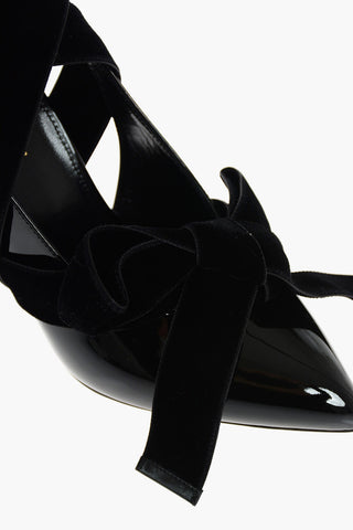 V Neck Patent Leather Slingbacks with Velvet Tape