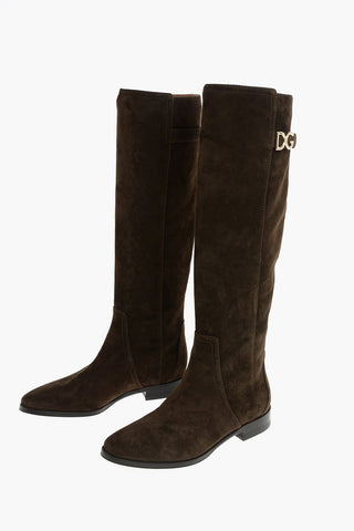 Suede Under the Knee Boots with Metal Logo