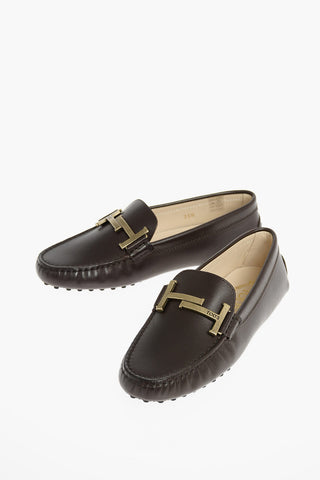 Leather Loafers with Front Metal Logo Buckle
