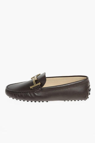Leather Loafers with Front Metal Logo Buckle