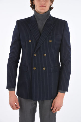 pinstriped center vent peak lapel double-breasted blazer