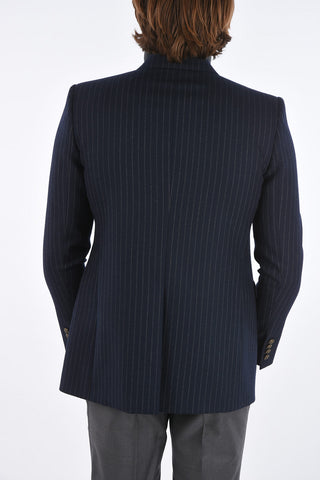 pinstriped center vent peak lapel double-breasted blazer
