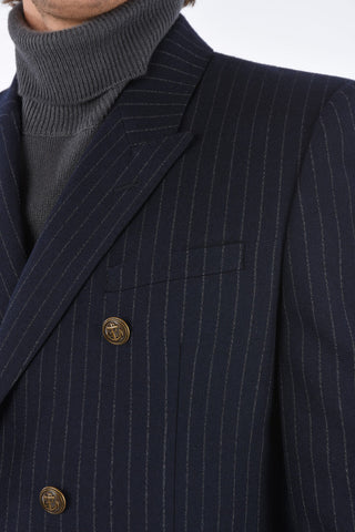 pinstriped center vent peak lapel double-breasted blazer