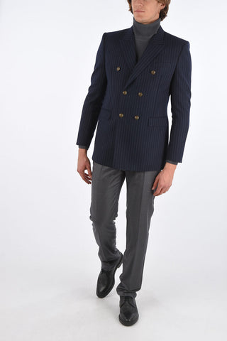 pinstriped center vent peak lapel double-breasted blazer