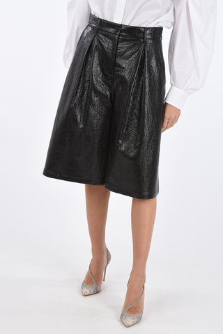 Crackle Effect Faux Leather Culotte Pants with Single Pleat