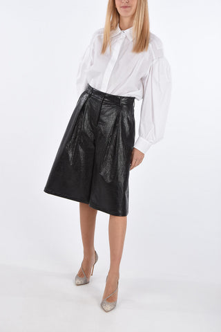 Crackle Effect Faux Leather Culotte Pants with Single Pleat