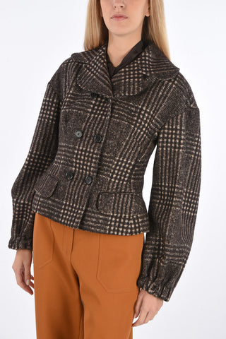 Double-breasted Houndstooth Blazer with Puff Sleeves