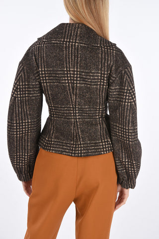 Double-breasted Houndstooth Blazer with Puff Sleeves
