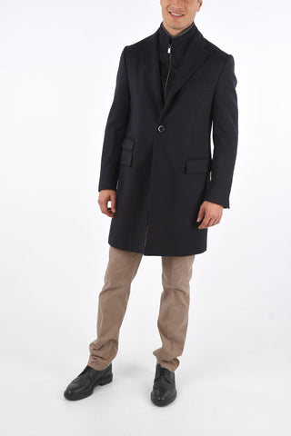 ID Notch Lapel Coat with Zip and Buttons Double Closure