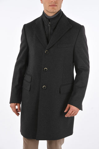 ID Notch Lapel Coat with Zip and Buttons Double Closure
