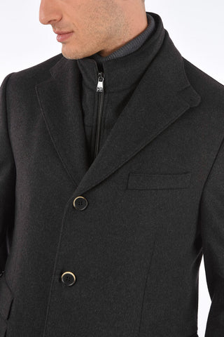 ID Notch Lapel Coat with Zip and Buttons Double Closure