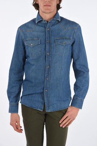 denim Leisure Fit spread collar snap button shirt