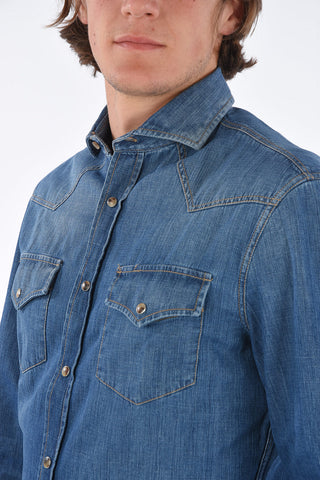 denim Leisure Fit spread collar snap button shirt