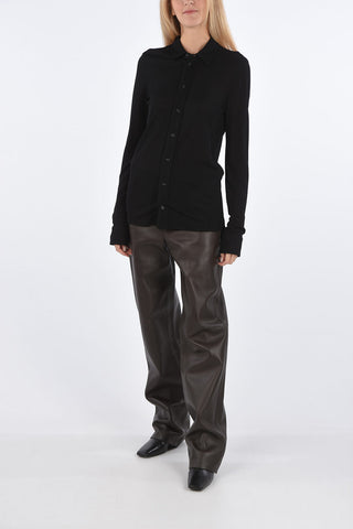 Leather Straight Fit Pants with Jewel Button