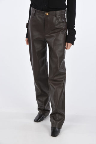Leather Straight Fit Pants with Jewel Button
