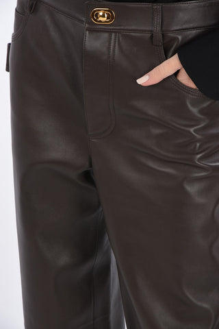 Leather Straight Fit Pants with Jewel Button