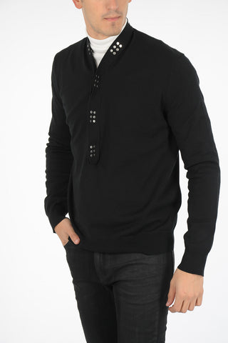 Buttoned V Neck Cotton Blend Sweater