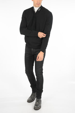 Buttoned V Neck Cotton Blend Sweater