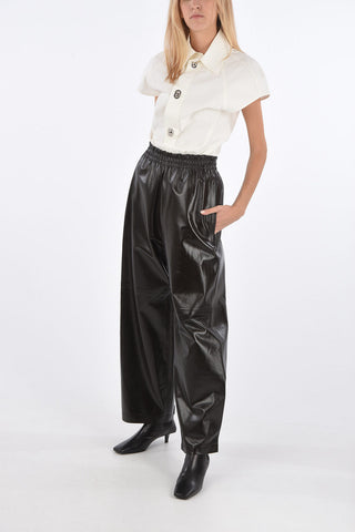 Shiny Leather Pants with Waistband and Ankle Velcro Detail