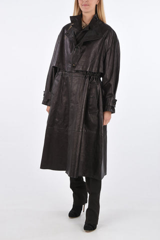 Trench in Pelle Monopetto con Coulisse in Vita 