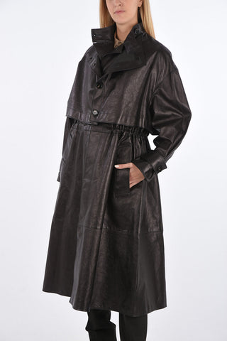 Trench in Pelle Monopetto con Coulisse in Vita 
