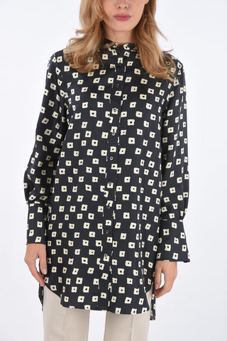Abstract Pattern Silk Blouse with Mandarin Collar