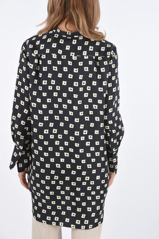 Abstract Pattern Silk Blouse with Mandarin Collar