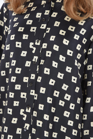 Abstract Pattern Silk Blouse with Mandarin Collar