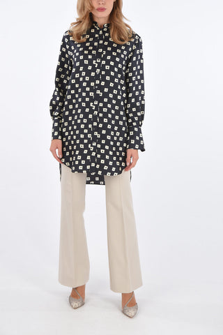 Abstract Pattern Silk Blouse with Mandarin Collar