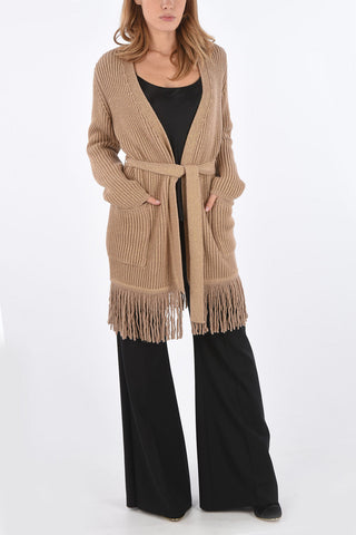 Fringed Wool and Cashmere Cardigan with Patch Pockets
