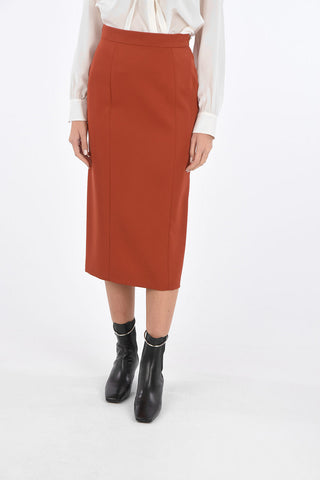 wool split-back hem below knee  pencil skirt