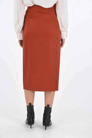 wool split-back hem below knee  pencil skirt