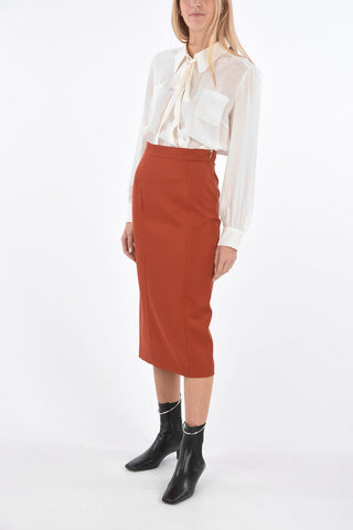 wool split-back hem below knee  pencil skirt
