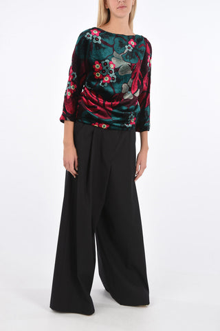 Crew Neck Floral Patterned Velvet Shirt