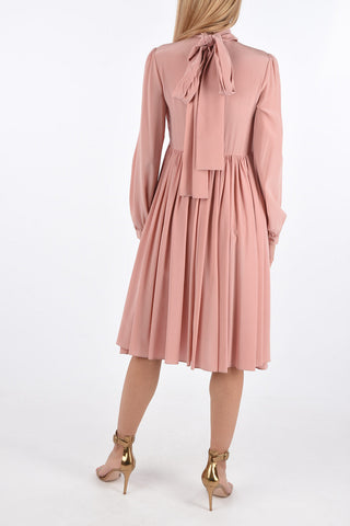 silk Under the Knee tie neck dress with pleates