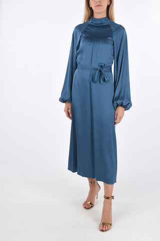 silk bishop sleeve maxi mandarin dress with belt