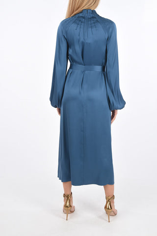 silk bishop sleeve maxi mandarin dress with belt