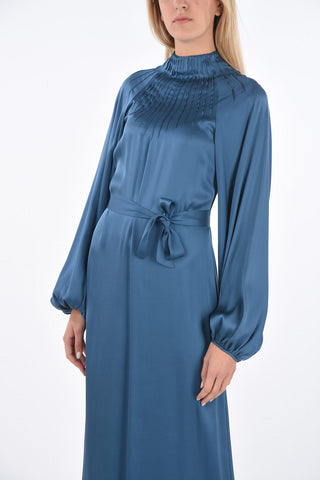 silk bishop sleeve maxi mandarin dress with belt