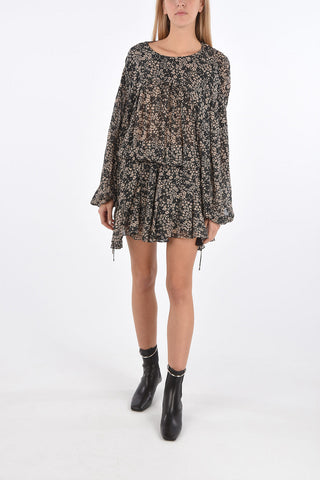 Short Floral Patterned Flared Dress with Drawstring
