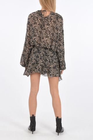 Short Floral Patterned Flared Dress with Drawstring