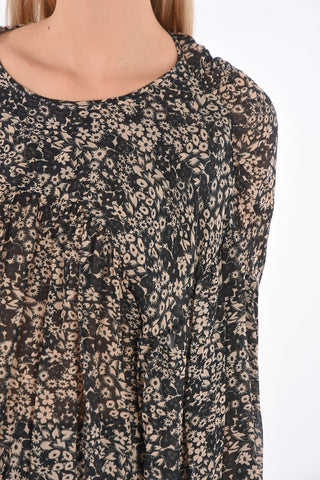 Short Floral Patterned Flared Dress with Drawstring
