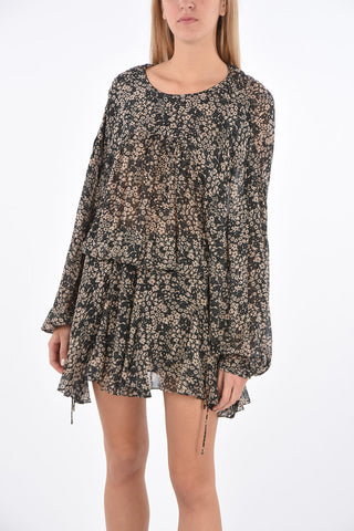 Short Floral Patterned Flared Dress with Drawstring