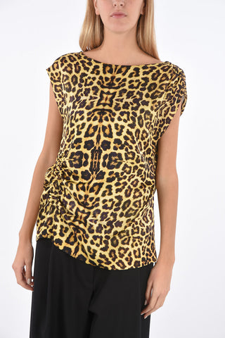Leopard Print Crew Neck Top with Elastic Details