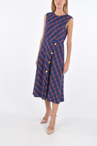 Plaid Check Flared Dress with Jewel Buttons