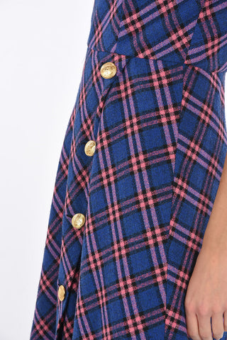 Plaid Check Flared Dress with Jewel Buttons