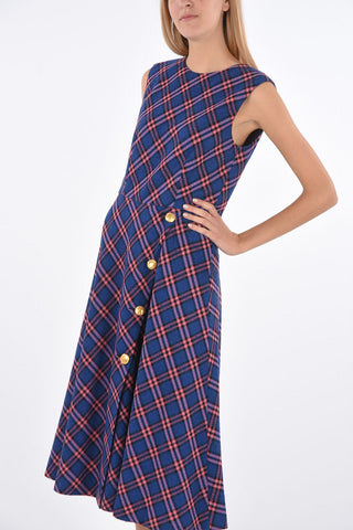 Plaid Check Flared Dress with Jewel Buttons