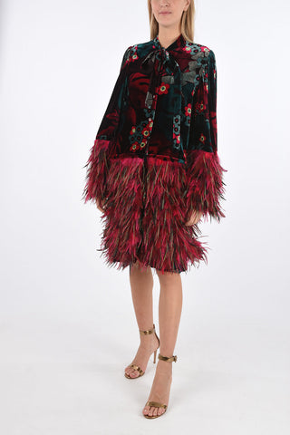 Floral Patterned Velvet Midi Dress with Feathered Bottom and Sleeves